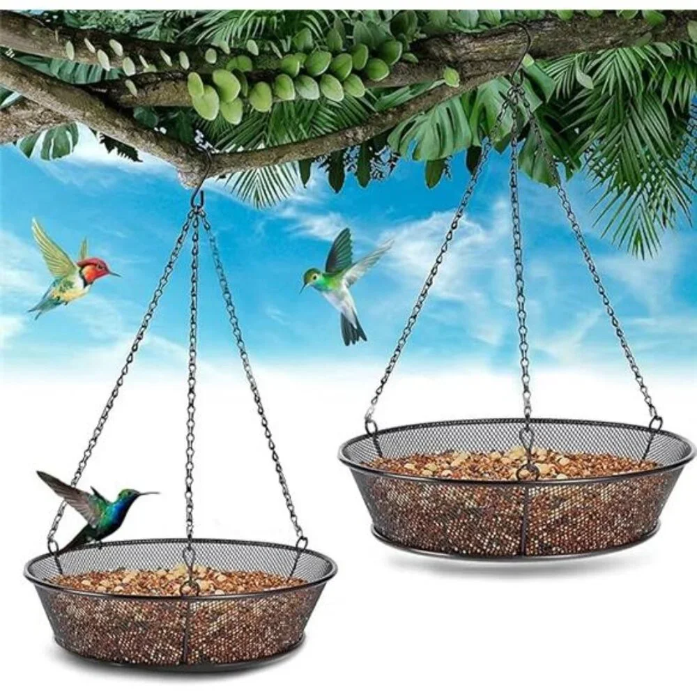 2 Pack Hanging Bird Feeder for Garden Yard Outside - Metal Mesh Platform Tray